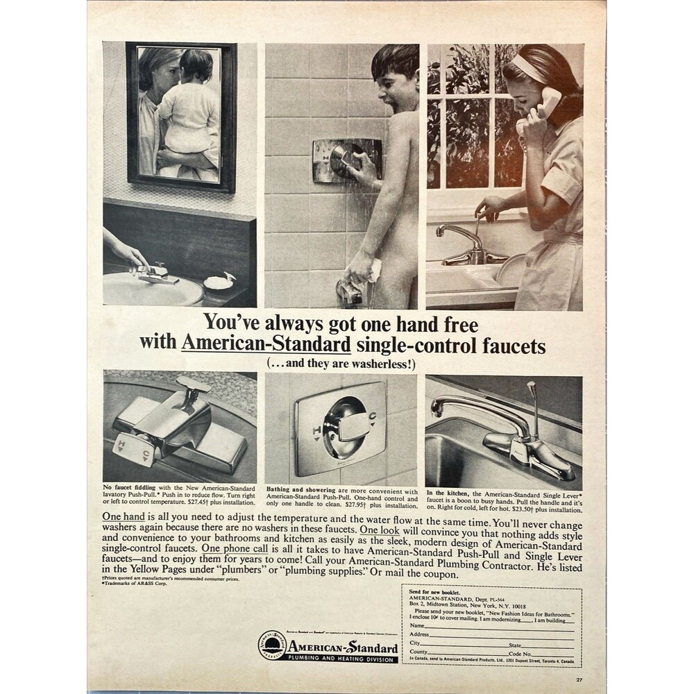 American Standard Plumbing & Heating "Single-control Faucets" Vtg Print Ad 1964